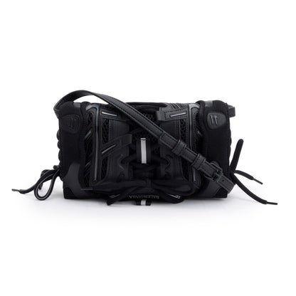 Balenciaga Black Leather Mesh Accent Sneakerhead Phone Holder Crossbody Bag