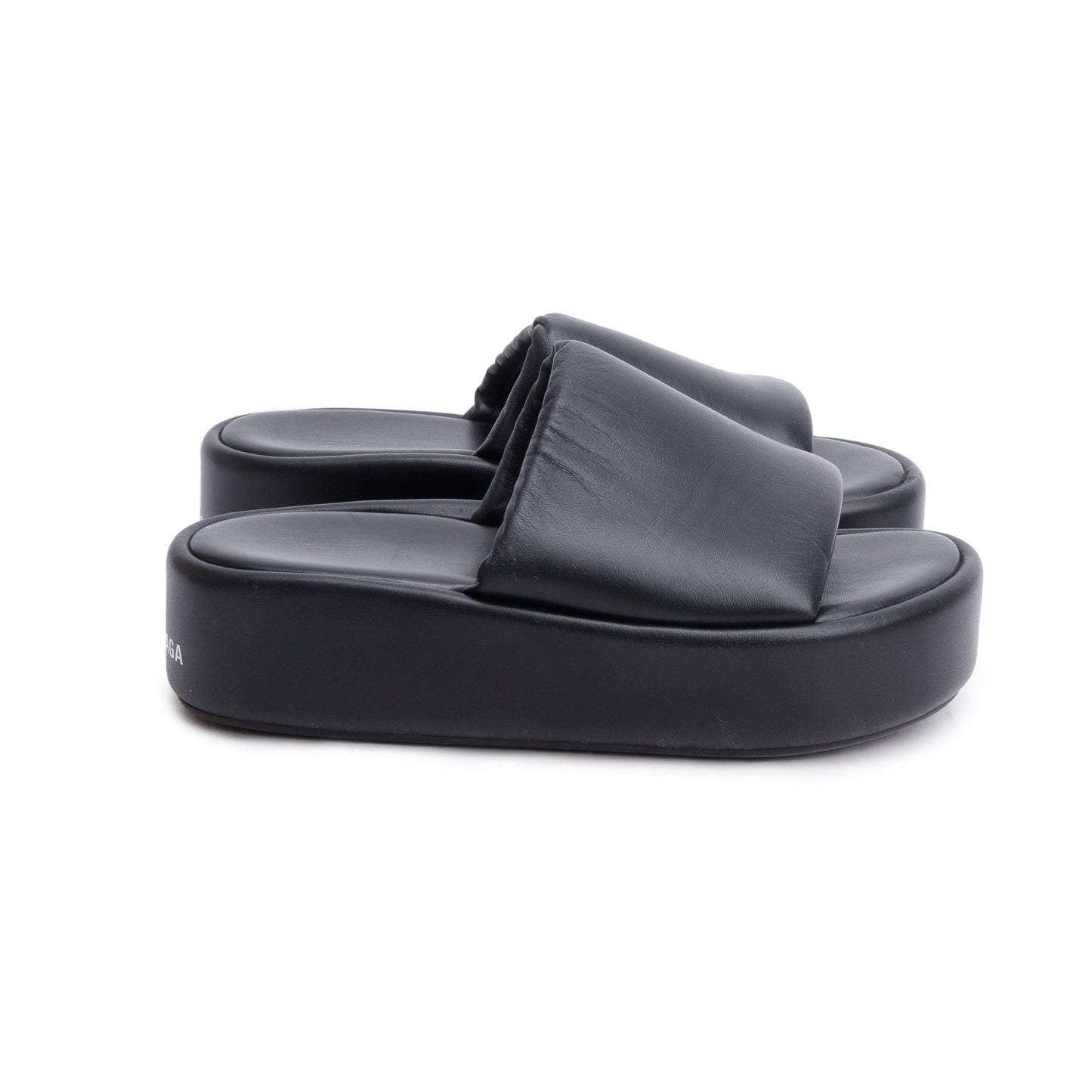 Balenciaga Black LeatherPrinted Logo Platform Slides, Size 39