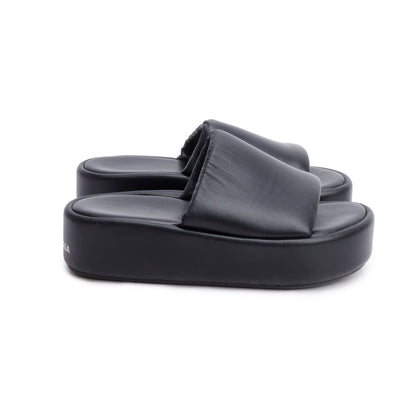 Balenciaga Black LeatherPrinted Logo Platform Slides, Size 39