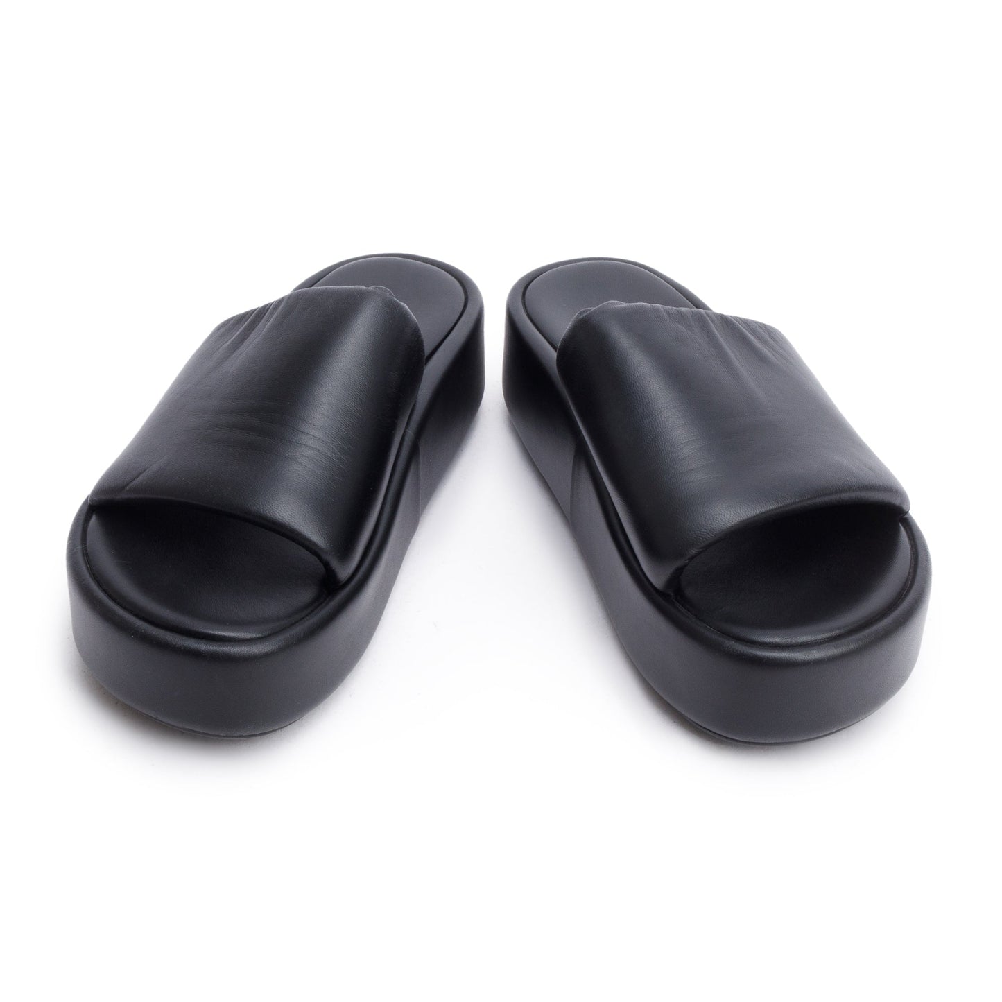Balenciaga Black LeatherPrinted Logo Platform Slides, Size 39