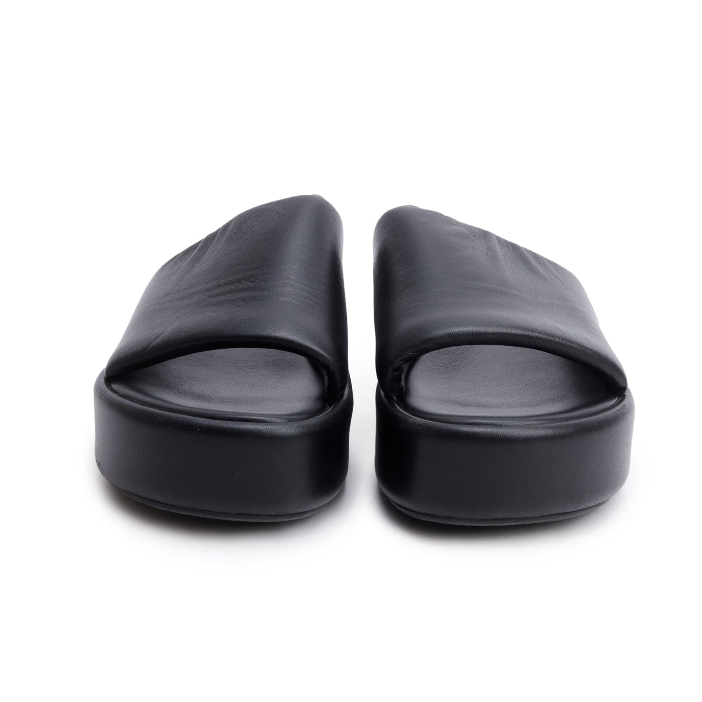 Balenciaga Black LeatherPrinted Logo Platform Slides, Size 39