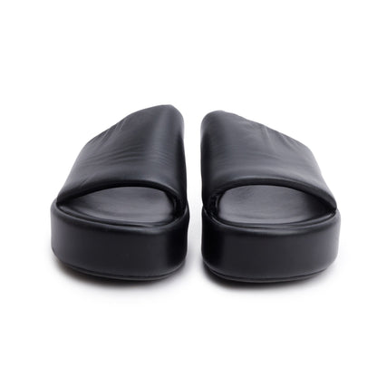 Balenciaga Black LeatherPrinted Logo Platform Slides, Size 39