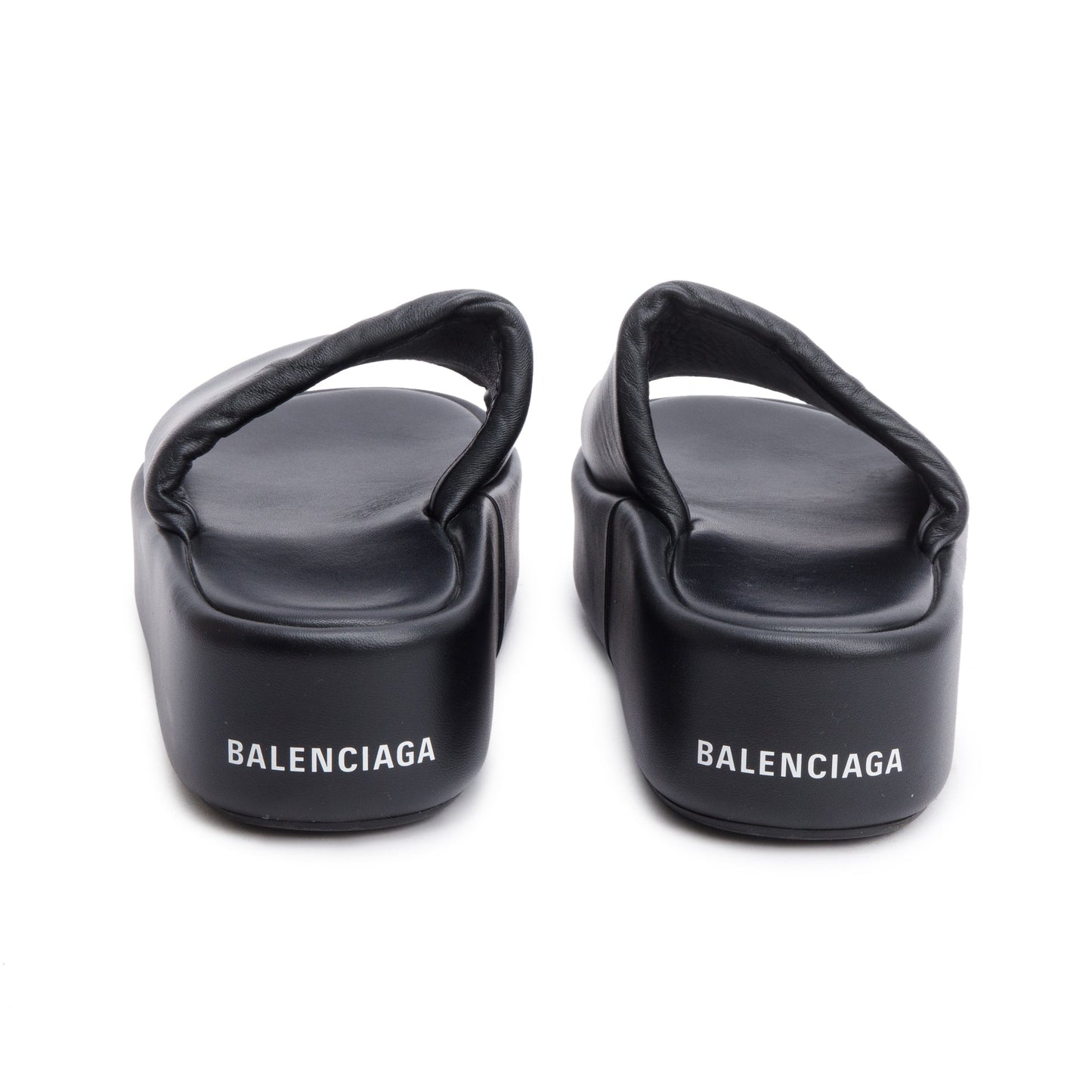 Balenciaga Black LeatherPrinted Logo Platform Slides, Size 39