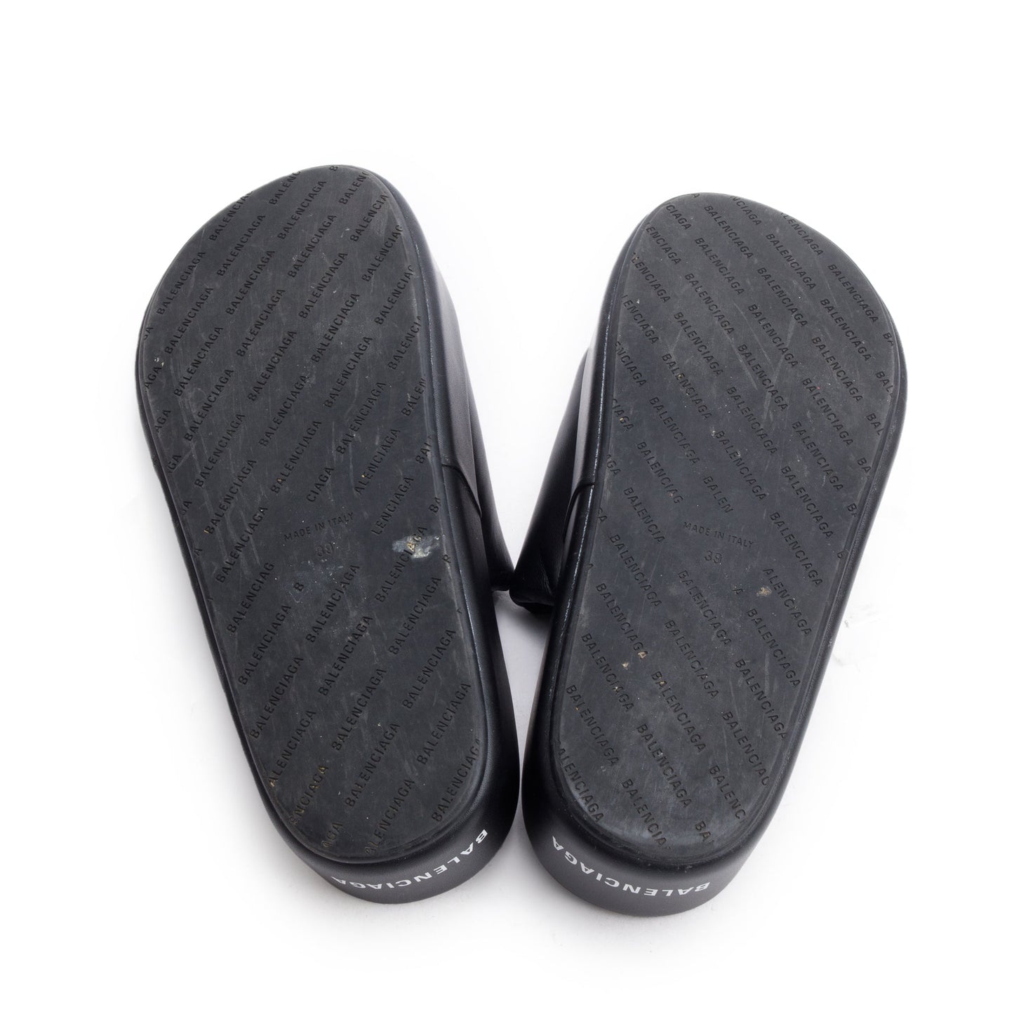 Balenciaga Black LeatherPrinted Logo Platform Slides, Size 39