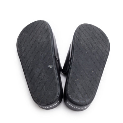 Balenciaga Black LeatherPrinted Logo Platform Slides, Size 39