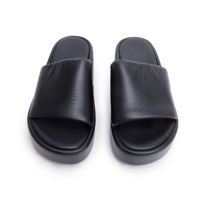Balenciaga Black LeatherPrinted Logo Platform Slides, Size 39