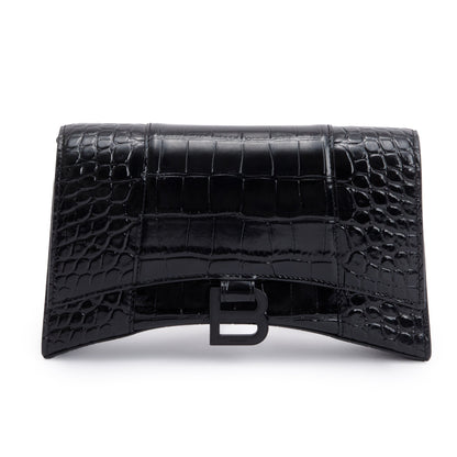 Balenciaga Black Monochrome Croc-Embossed Leather Hourglass Chain Wallet