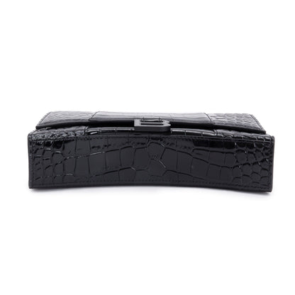 Balenciaga Black Monochrome Croc-Embossed Leather Hourglass Chain Wallet
