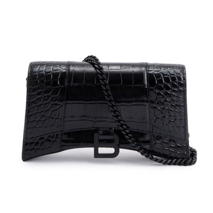 Balenciaga Black Monochrome Croc-Embossed Leather Hourglass Chain Wallet