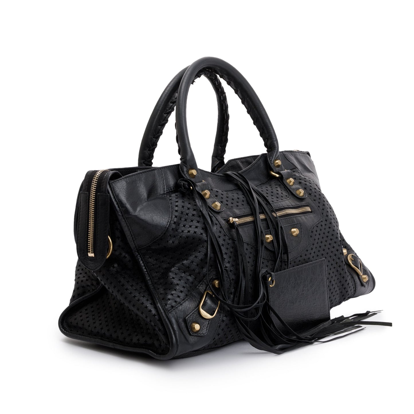 Balenciaga Black Perforated Arena Leather Motocross City Bag