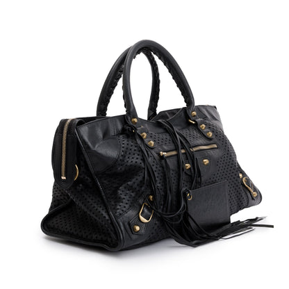 Balenciaga Black Perforated Arena Leather Motocross City Bag