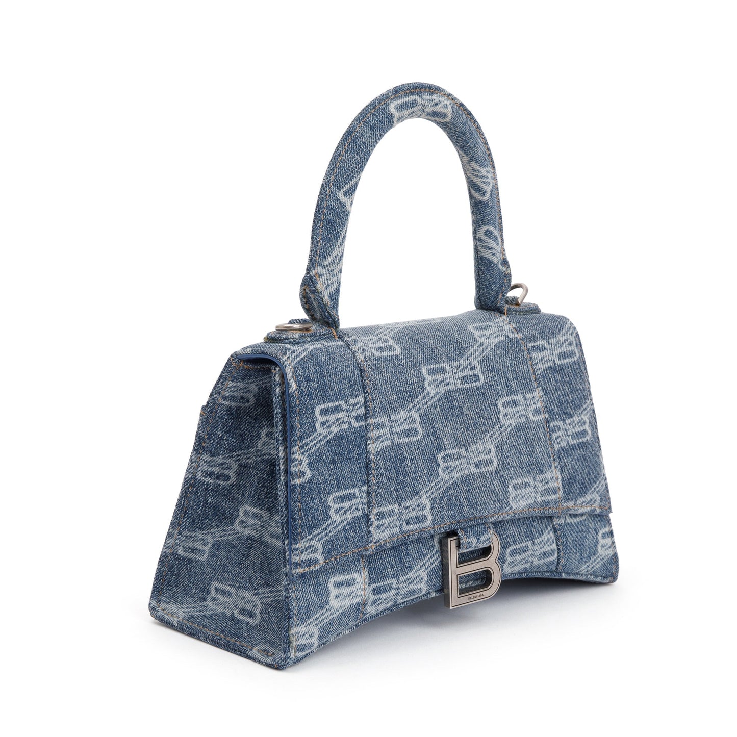 Balenciaga Blue BB Monogram Denim Small Hourglass Top Handle Bag