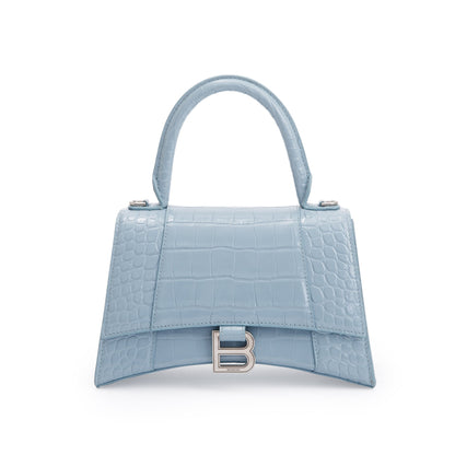 Balenciaga Blue Grey Croc-Embossed Calfskin Leather Small Hourglass Top Handle Bag
