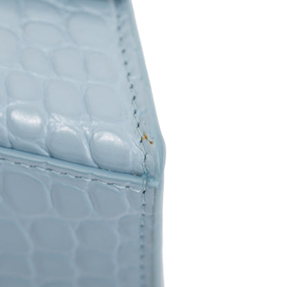 Balenciaga Blue Grey Croc-Embossed Calfskin Leather Small Hourglass Top Handle Bag