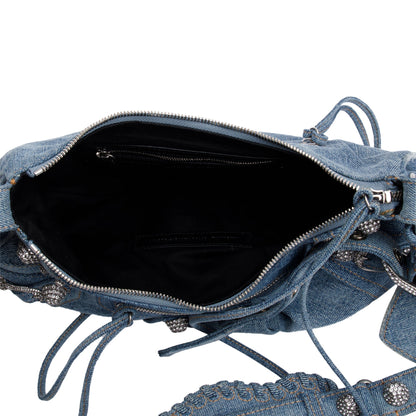 Balenciaga Blue Washed Frayed Denim Rhinestone Le Cagole Small Shoulder Bag
