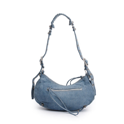 Balenciaga Blue Washed Frayed Denim Rhinestone Le Cagole Small Shoulder Bag