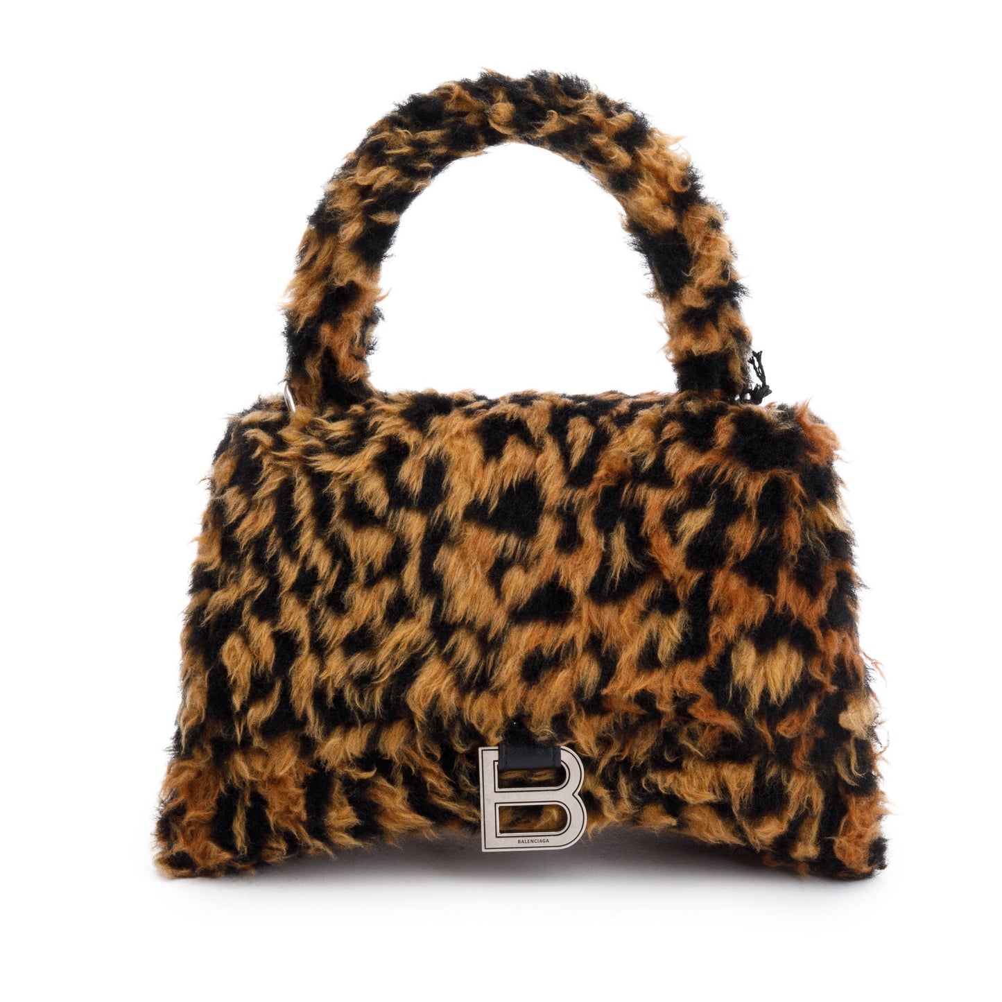 Balenciaga Brown Leopard Print Faux Fur Small Hourglass Top Handle Bag