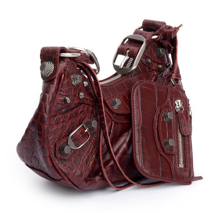 Balenciaga Burgundy Calfskin Crocodile Embossed Le Cagole XS Shoulder Bag