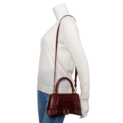 Balenciaga Burgundy Croc Embossed Leather Small Hourglass Top Handle Bag