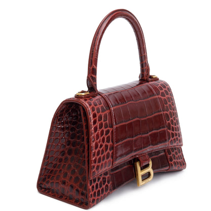 Balenciaga Burgundy Croc Embossed Leather Small Hourglass Top Handle Bag
