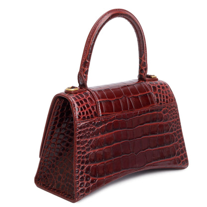 Balenciaga Burgundy Croc Embossed Leather Small Hourglass Top Handle Bag