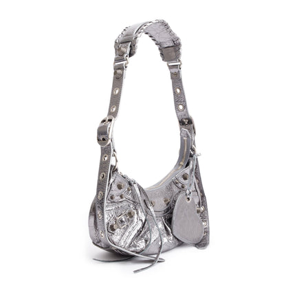 Balenciaga Metallic Silver Arena Calfskin Leather Le Cagole XS Shoulder Bag
