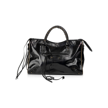 Balenciaga Motocross Black Glazed Calfskin Leather Gold City Bag