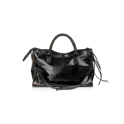 Balenciaga Motocross Black Glazed Calfskin Leather Gold City Bag