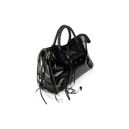 Balenciaga Motocross Black Glazed Calfskin Leather Gold City Bag