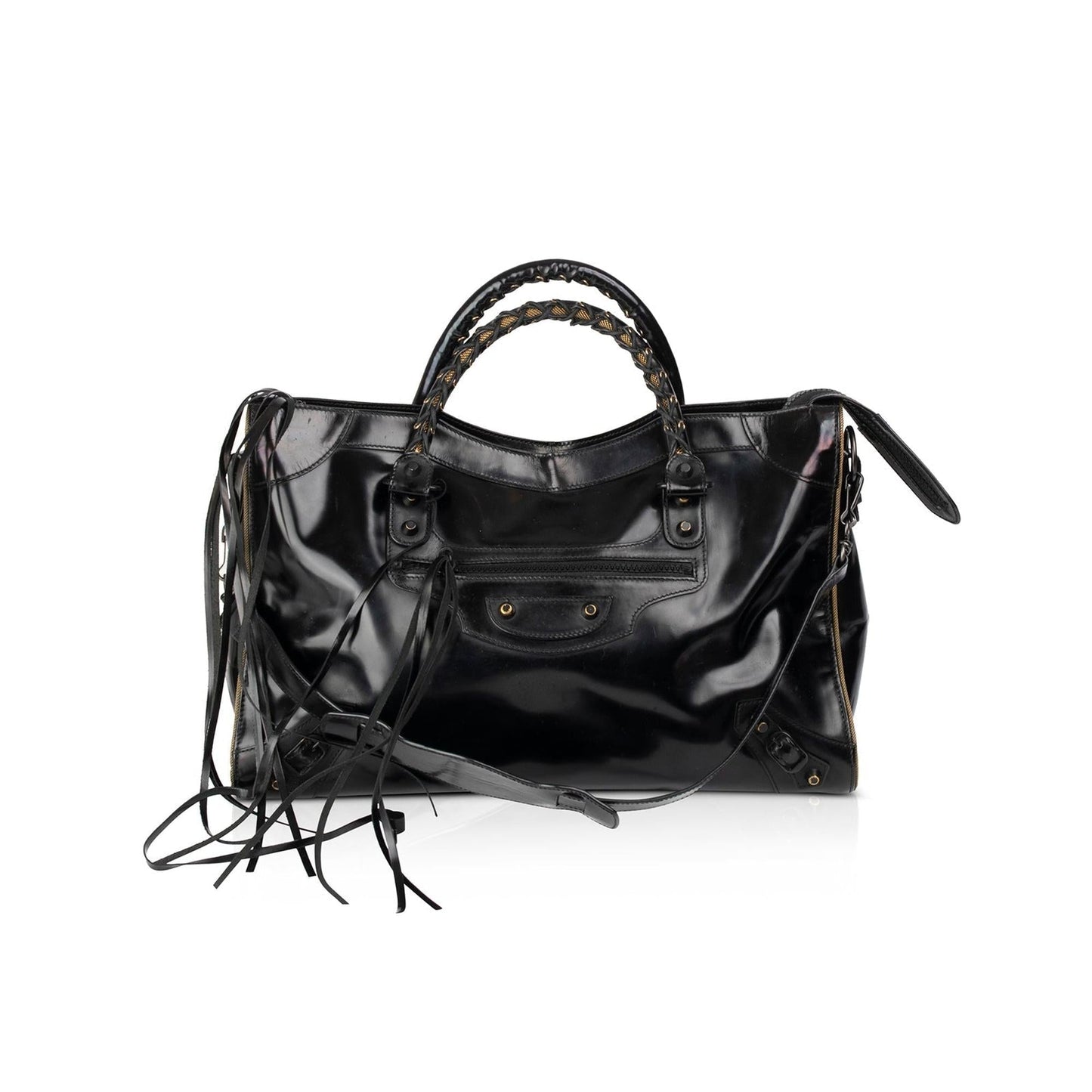 Balenciaga Motocross Black Glazed Calfskin Leather Gold City Bag