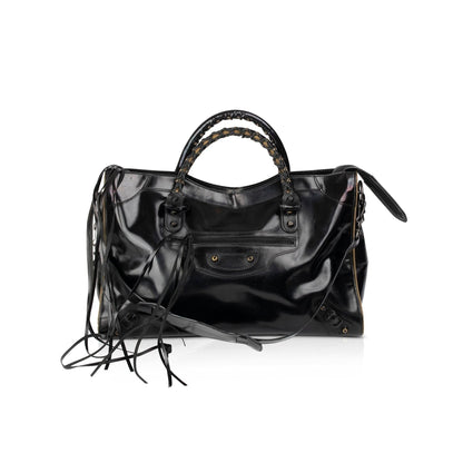 Balenciaga Motocross Black Glazed Calfskin Leather Gold City Bag
