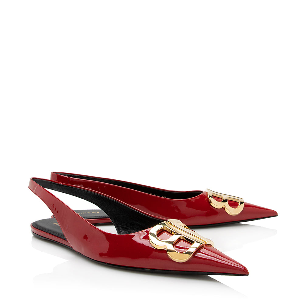Luxury Balenciaga Trending 2025 Patent Leather BB Knife Slingback Flats - Size 7 / 37 (SHF-22027)