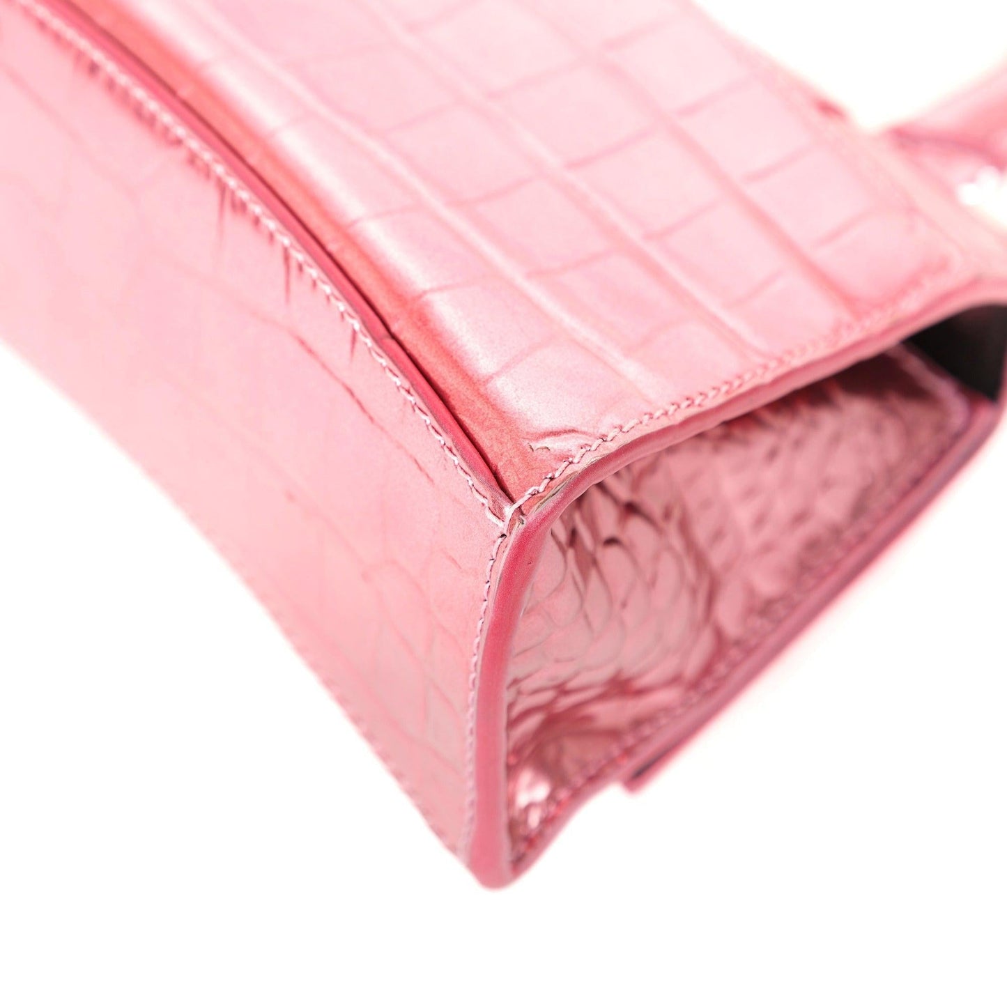 Balenciaga Pink Metallic Croc-Embossed Hourglass XS Top Handle Bag