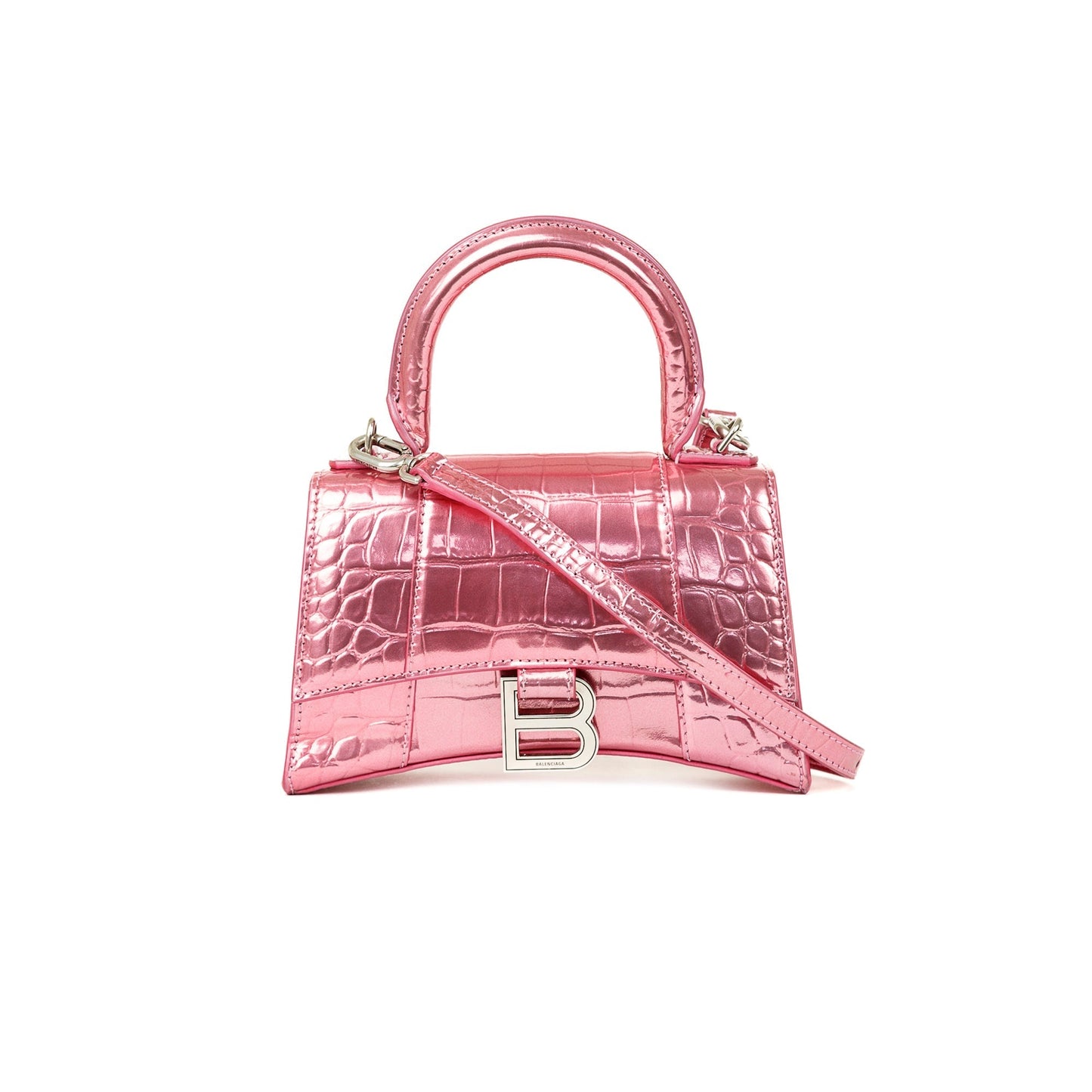 Balenciaga Pink Metallic Croc-Embossed Hourglass XS Top Handle Bag