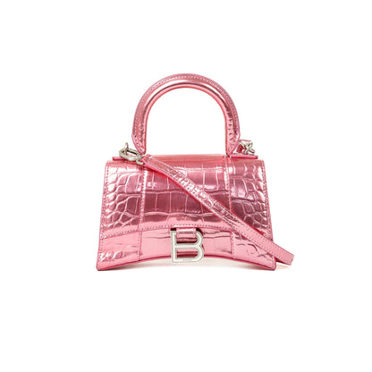 Balenciaga Pink Metallic Croc-Embossed Hourglass XS Top Handle Bag