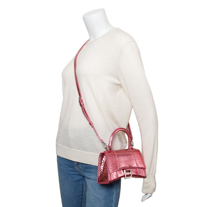 Balenciaga Pink Metallic Croc Embossed XS Hourglass Top Handle Bag