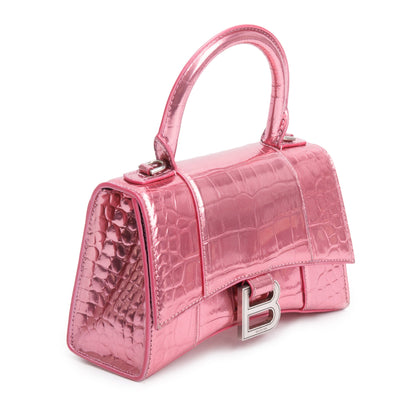 Balenciaga Pink Metallic Croc Embossed XS Hourglass Top Handle Bag