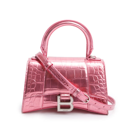 Balenciaga Pink Metallic Croc Embossed XS Hourglass Top Handle Bag