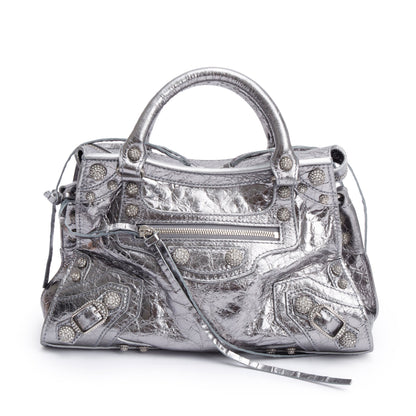 Balenciaga Silver Metallic Arena Leather Crystal Neo Cagole XS City Bag