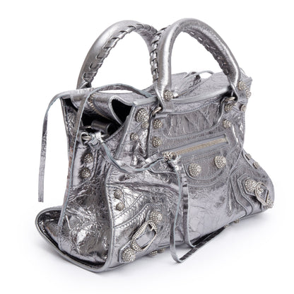 Balenciaga Silver Metallic Arena Leather Crystal Neo Cagole XS City Bag