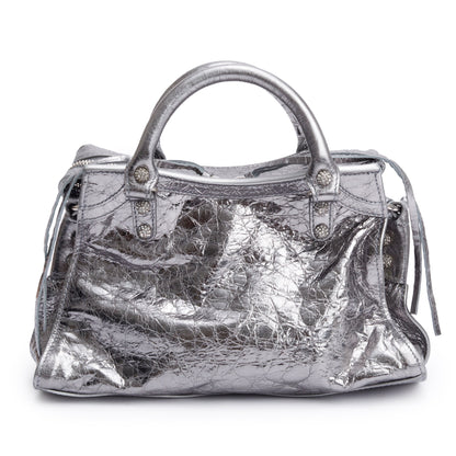 Balenciaga Silver Metallic Arena Leather Crystal Neo Cagole XS City Bag