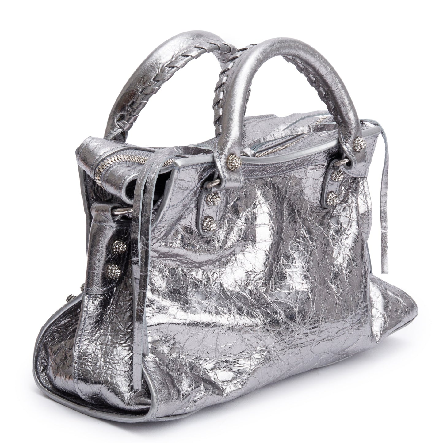 Balenciaga Silver Metallic Arena Leather Crystal Neo Cagole XS City Bag