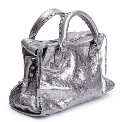 Balenciaga Silver Metallic Arena Leather Crystal Neo Cagole XS City Bag