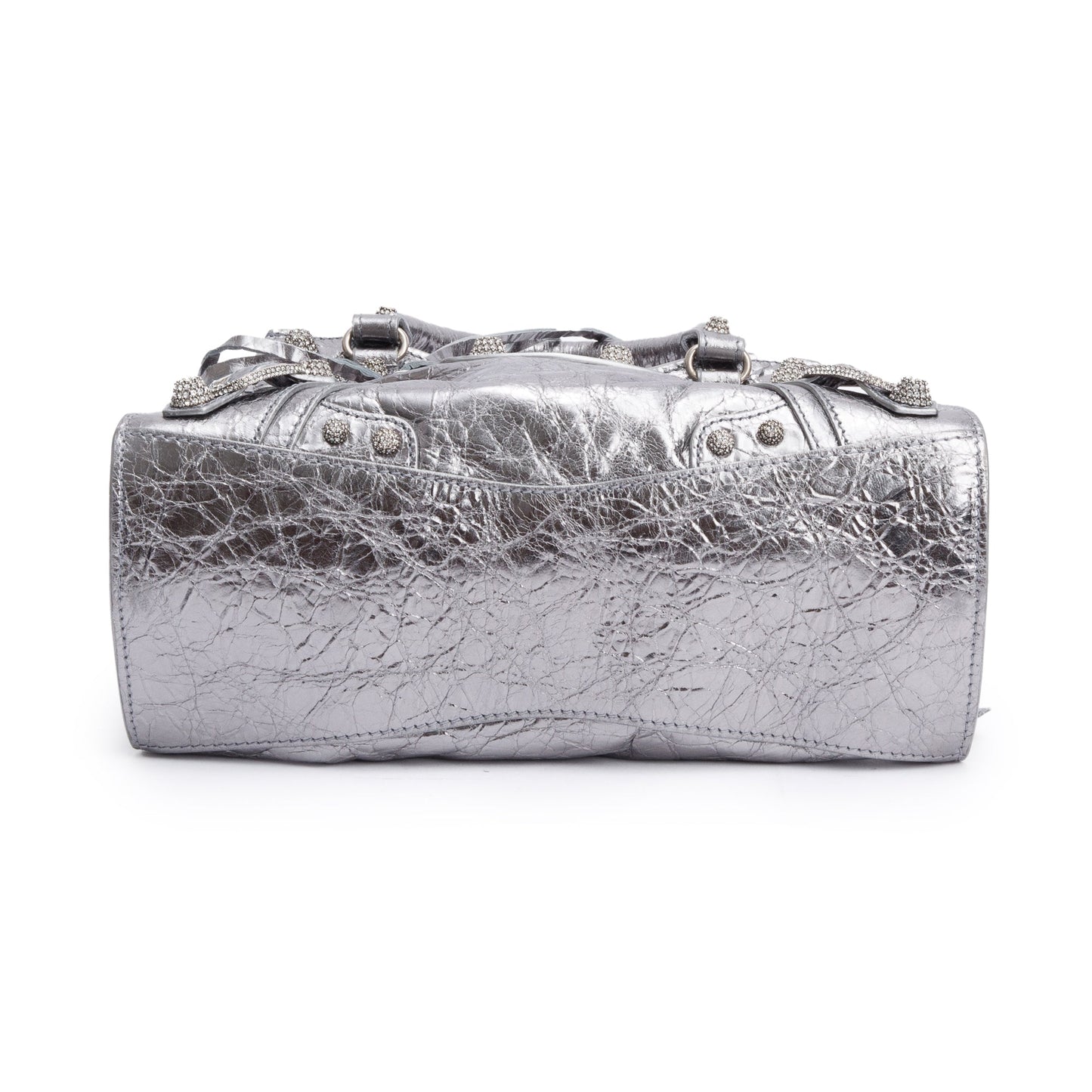 Balenciaga Silver Metallic Arena Leather Crystal Neo Cagole XS City Bag