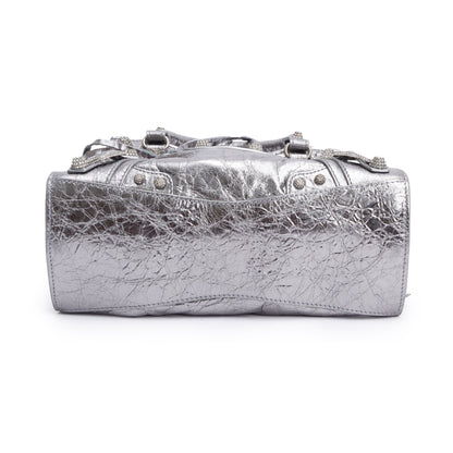 Balenciaga Silver Metallic Arena Leather Crystal Neo Cagole XS City Bag