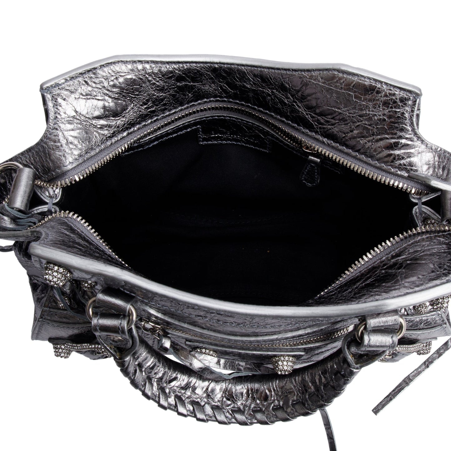Balenciaga Silver Metallic Arena Leather Crystal Neo Cagole XS City Bag