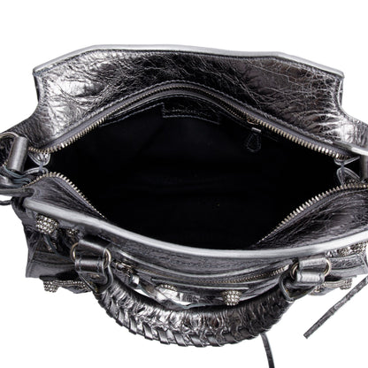 Balenciaga Silver Metallic Arena Leather Crystal Neo Cagole XS City Bag