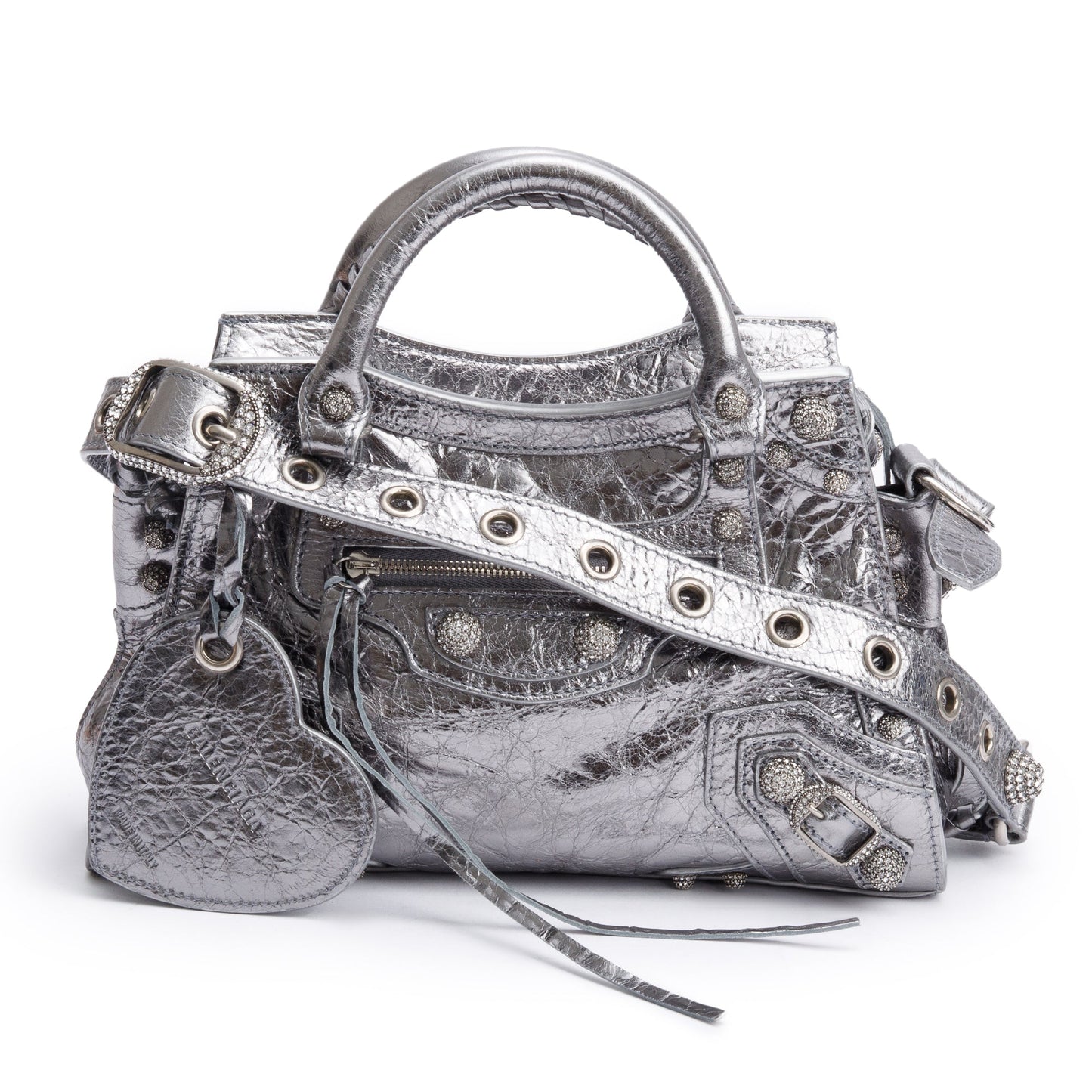 Balenciaga Silver Metallic Arena Leather Crystal Neo Cagole XS City Bag