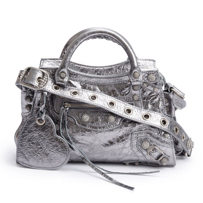 Balenciaga Silver Metallic Arena Leather Crystal Neo Cagole XS City Bag