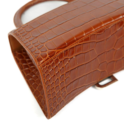 Balenciaga Small Brown Croc-Embossed Hourglass Top Handle Bag